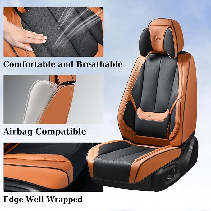 Coverado Universal Seat Covers Front, 2-Pack Universal Seat Covers for Cars, Waterproof Nappa Leather Car Seat Covers with Head Pillow, Auto Protectors Fit for Most SUV Pick-up Truck-Black&Brown