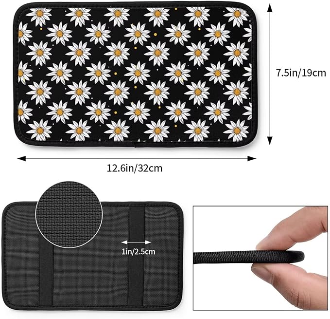 Daisy Car Center Console Cover Floral Wildflower Cute Polyester Armrest Pad Cushion Automotive Cars Center Console Lid Protector Black Car Decor Accessories