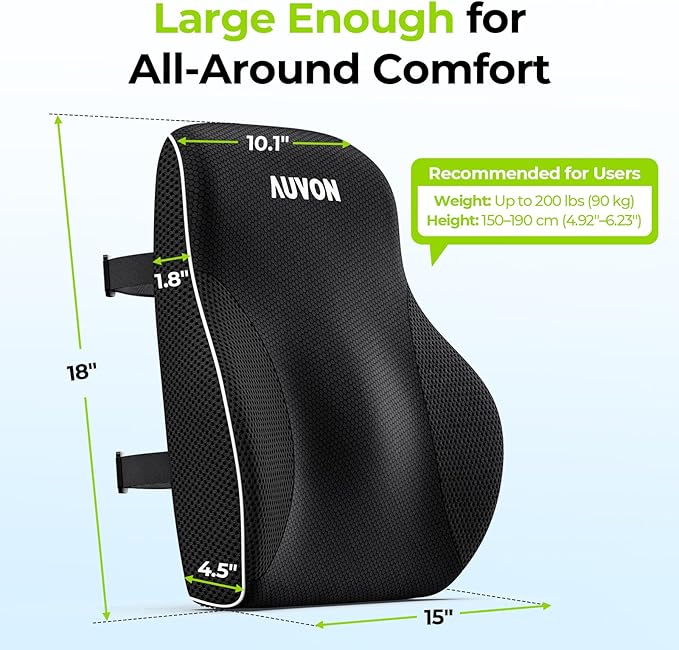AUVON Lumbar Support Pillow for Office Chair with Patented Bulge for Lower Back Support, Ergonomic Office Home Essentials Improve Posture, Memory Foam Chair Cushion with Straps for Home, Office, Car