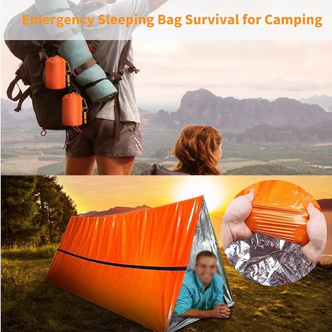 Waterproof Emergency Sleeping Bag with Whistle, 2 Pack Mylar Thermal Bivy Sack for Survival, Camping, Hiking with Emergency Blankets, Survival Kit Supplies