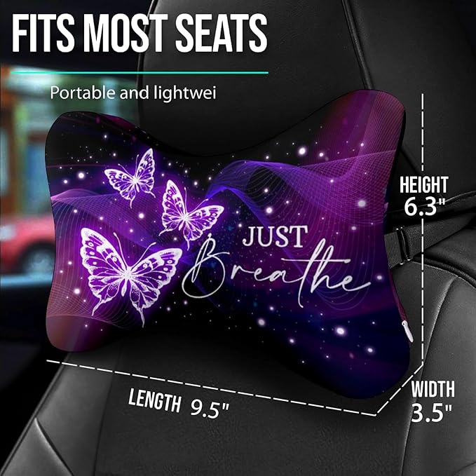2 Pack Car Neck Pillow，Purple Butterfly Car Headrest Pillow，Ergonomic Design，Memory Foam Car Pillow，Breathable Removable Cover Universal Headrest Pillow for Travel Car Seat Driving & Home