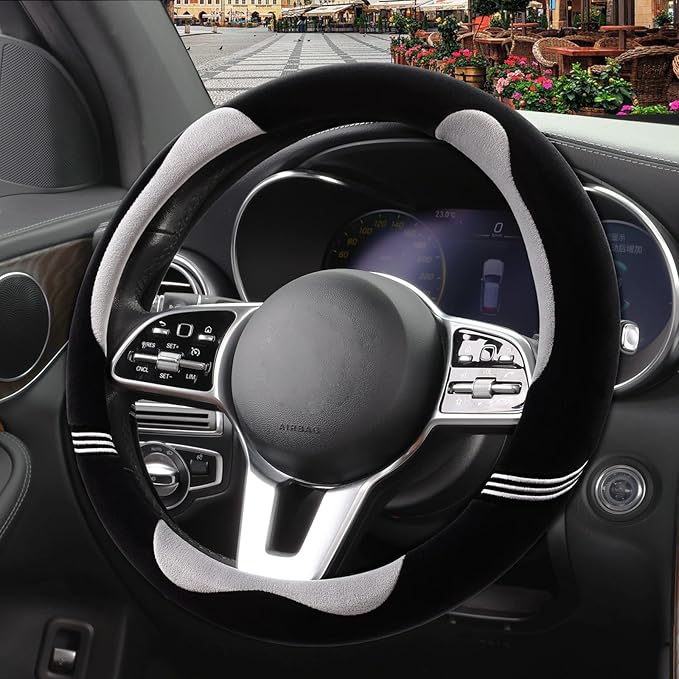 Furry Cute Steering Wheel Cover, Soft Fluffy Short Plush Auto Accessories, Non-Slip Cold-Proof Sweat-Proof Colorfast, Universal 15 inch(Black with Gray)