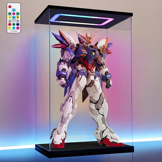Clear Acrylic Display Case with Light for Gundam Display, Multiple Color Lights Dustproof Protection Display Box for Collectibles Action Figures（14×10×21inch）