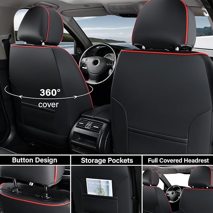 Coverado Car Seat Covers Full Set, Black Redline Seat Covers for Cars, Waterproof Nappa Leather Automotive Seat Covers with Lumbar Head Pillow, Car Seat Protectors, Universal Fit for Most Cars SUV