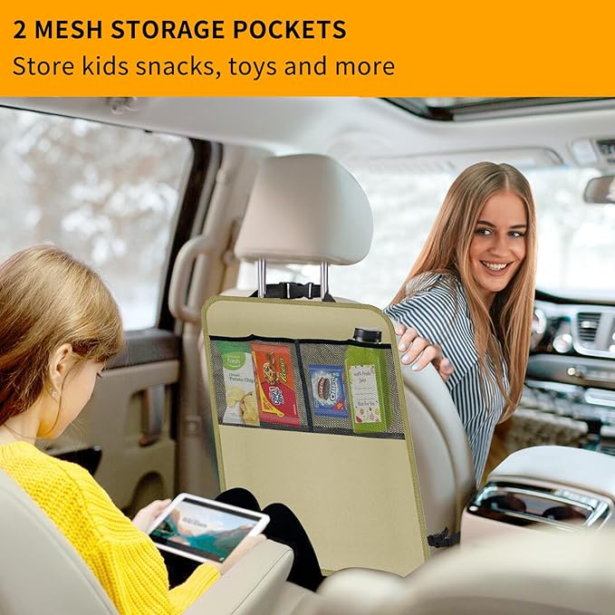2 Pack Kick Mat Backseat Protector,Back Seat Cover for Kids,Car Seat Back Protectors with 2 Pocket Storage Organizer for Car, SUV, Minivan or Truck Seats (Beige)