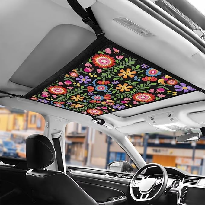 Generic Boho Flowers Car Ceiling Cargo Net Pocket,31.69"x24.02" Adjustable Double-Layer Mesh SUV Roof Organizer Long Trip Ceiling Storage Net,Car Camping Cargo Bag for Car,SUV Accessories