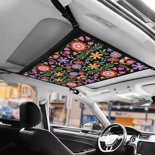 Generic Boho Flowers Car Ceiling Cargo Net Pocket,31.69"x24.02" Adjustable Double-Layer Mesh SUV Roof Organizer Long Trip Ceiling Storage Net,Car Camping Cargo Bag for Car,SUV Accessories