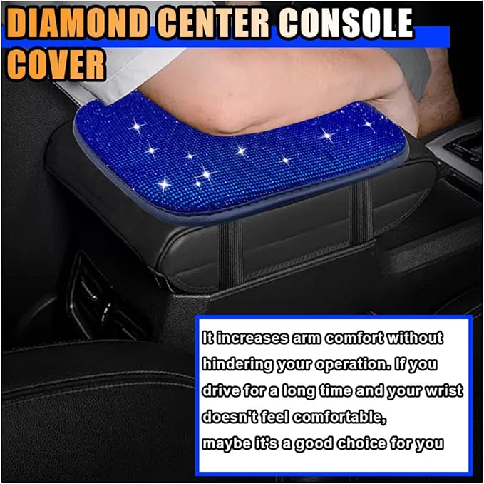 11.9''×8.4'' Bling Car Center Console Cover, Crystal Diamond Elbow Pillow Car Armrest Seat Box Cover, Soft Arm Rest Protective Cushion Pad for Women Girls, Auto Interior Decor for Car SUV (Blue)