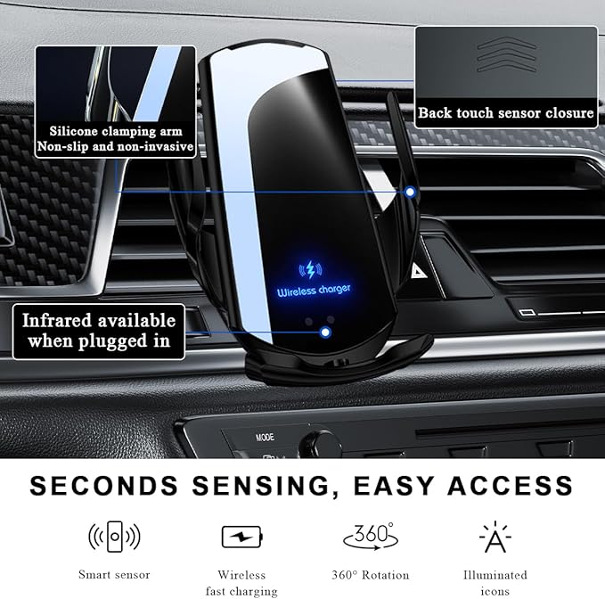 Wireless Car Charger, 15W Fast Charging Air Vent Mount Auto-Clamping Phone Holder, Automotive Electric Induction Charger 360° Rotating Magnetic Vent Mount Bracket for Smartphones (Black)