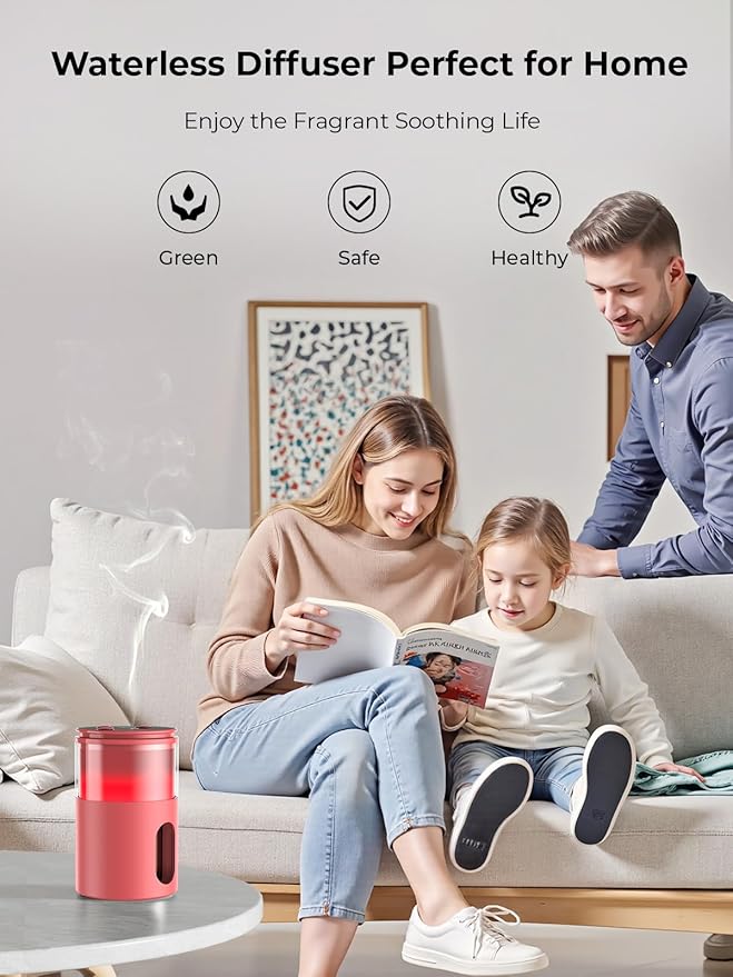 Waterless Essential Oil Diffuser: 9 Colors LED Scent Diffuser for Home&Car&Office - Portable Diffuser with 48H Battery, 4 Timers & 3 Mist Levels, Bright Red