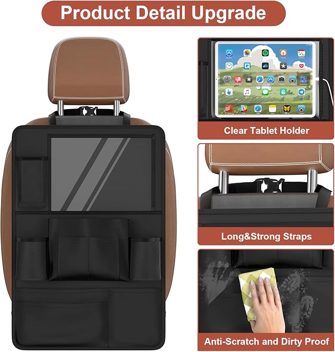 Backseat Car Organizer with Touch Screen,Kick Mats Back Seat Protector with 10 Storage Pockets,Car Seat Back Organizers Storage for Snacks Drinks Toy Umbrellas for Kids Road Trip