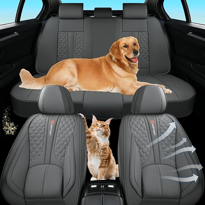 Car Seat Cover Set, Gray Automotive Interior Accessories, with Lumbar Support, Premium Nappa Leather, Waterproof, Non-Slip, Easy Installation, Universal Fit, Airbag Compatible