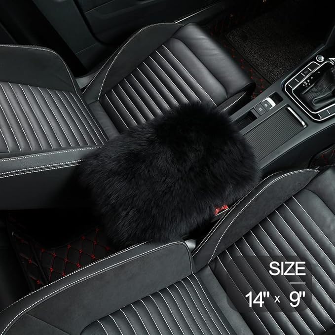 LLB Auto Center Console Cover Pad Universal Fit for SUV/Truck/Car, Genuine Sheepskin Wool Fur Car Armrest Seat Box Cover, Furry Fluffy Auto Armrest Cover Protector (Black)