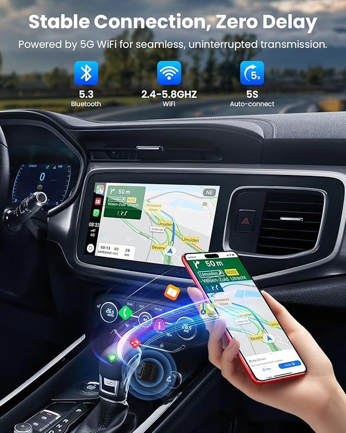 Wireless CarPlay Adapter for iPhone & Android Auto, No Delay, Fast & Stable Connection, Plug & Play, Converts Wired to Wireless Carplay Dongle for iOS 10 Android 11 and Above, USB-A/Type-C Port