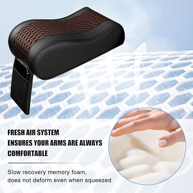 Car Armrest Cushion, Soft Memory Foam Leather Vehicle Armrest Pillow with Storage Bag, Multifunctional Automotive Interior Center Console Arm Rest Pad, Universal for Most Vehicles (Coffee)