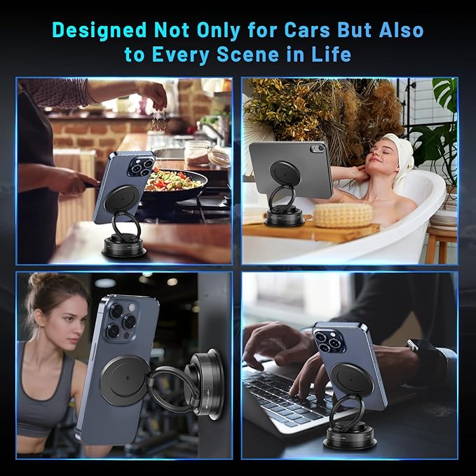 Magnetic Phone Holder for Car 360° Adjustable & Foldable Car Phone Holder Compatible MagSafe Hands-Free Suction Cup Phone Mount for iPhone & Android & All Vehicle/Car/Gym/Mirror