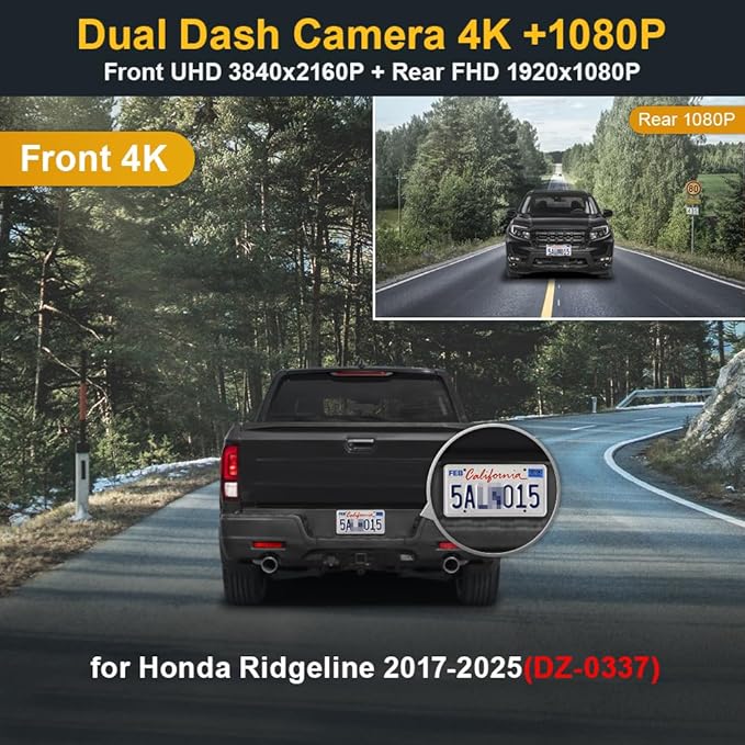 Fitcamx Front 4K+Rear 1080P Dash Cam for 2017-2025 Honda Ridgeline (DZ-0337) RT RTS RTL Trail Sport Black Edition, OEM Look, Dual Loop Recording, WiFi & APP, G-Sensor, Easy to Set, 128GB Card