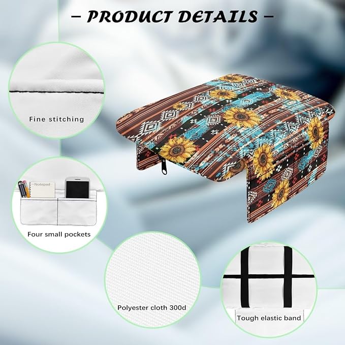 Wanyint Aztec Sunflower Brown Car Center Console Cover Soft Non-Slip Armrest Cover Lid for Car Side Storage Box with 4 Storage Bags Car Interior Decor Accessories for Women Men