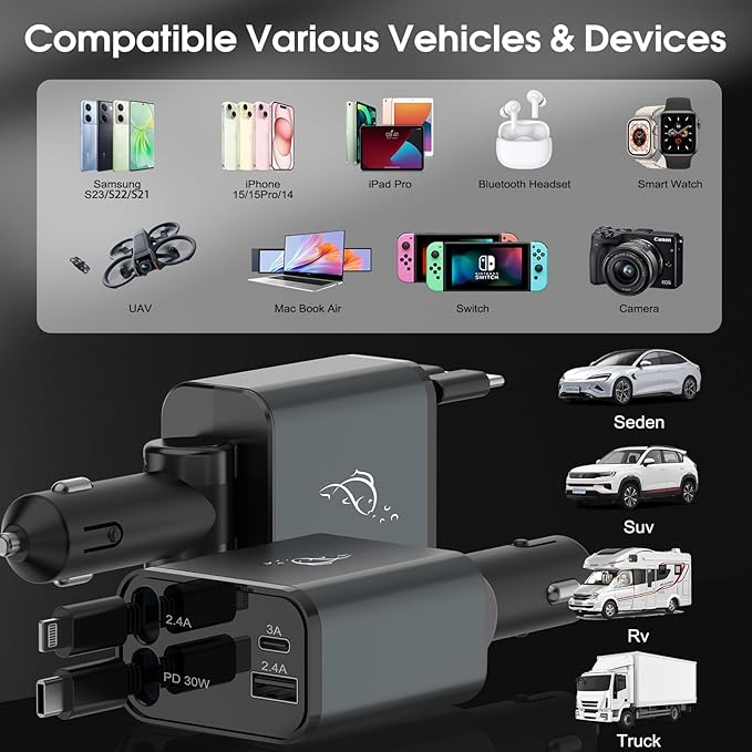 Retractable 70W 4 in 1 Car Charger with Retractable Cord, Fast Car Phone Charger Adapter Compatible with iPhone 16/15/14/13/12/11, Pixel, Samsung, USB C, Type C, Black (2024)