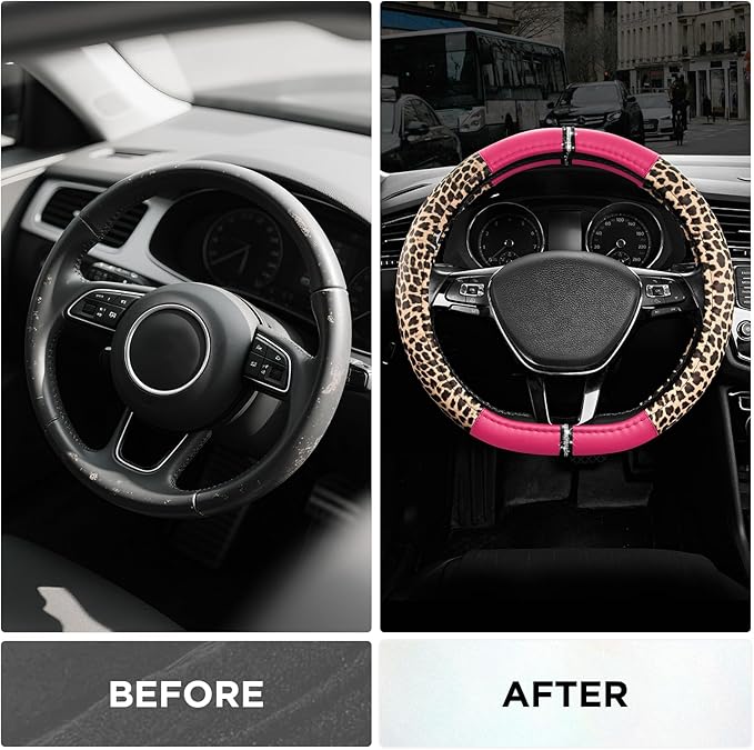 Road Comforts Leopard Steering Wheel Cover - Made with PVC Leather Cheetah Print, D-Shaped Automotive Steering Wheels - Anti-Slip, Universal Fit 14 1/2 inches to 15 inches - HotPink