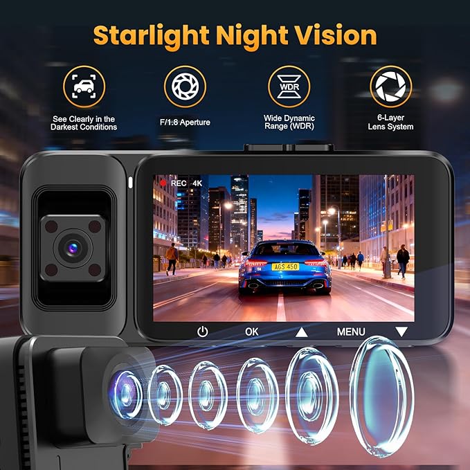 4K Dash Cam Front and Rear Inside, 3 Channel Dash Camera for Cars with 64GB Card, 5G WiFi, Infrared Night Vision, 24H Parking Mode, 360° Wide Angle Wireless Dashcam for Uber/Taxi