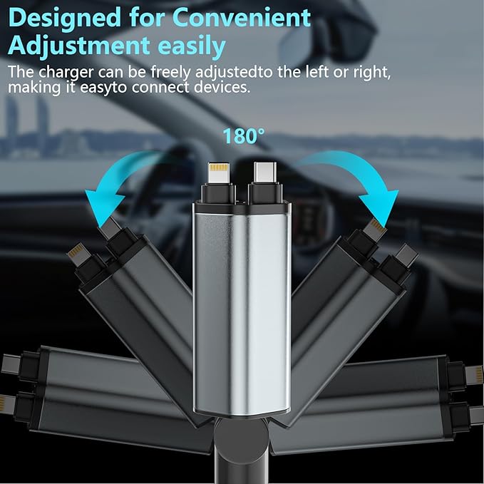 Retractable Car Charger, 120W 2.7Ft Retractable Cables and 4 Electronic Ports, Car Accessories Compatible for iOS & Android Cell Phones All Device Charging