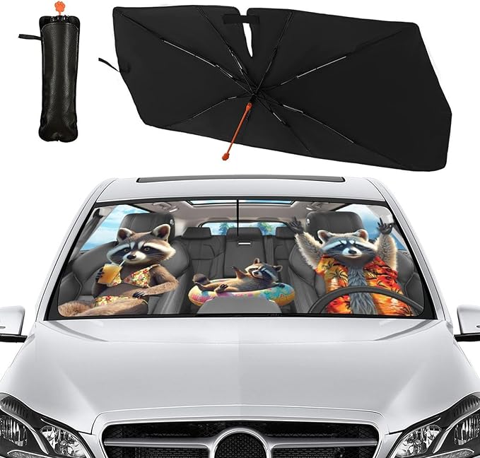 Socira Funny Raccoon Car Windshield Sunshade Umbrella Foldable Visor Umbrella Sun Shade Cover Racoon Sunshade Front Window Cover Raccoon Car Accessories Blocks Uv Rays (57" X 30")