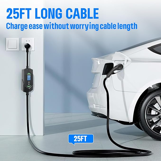 Portable Level 2& Level 1 Ev Charger for All SAE J1772 EVs, 25ft ETL Listed Electric Vehicle Charger, Smart Adjustable 6-16A,120-240V, Timer Function,Weatherproof IP66 with NEMA 6-20 Plug