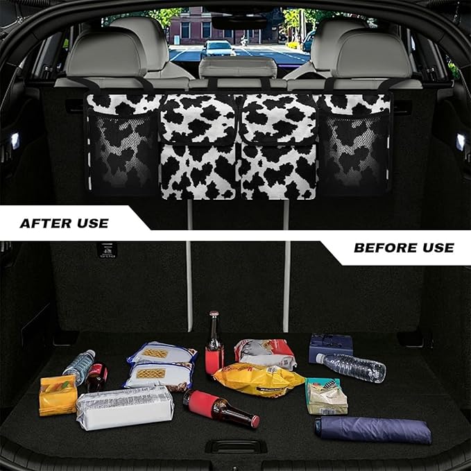 Cow Pattern Trunk Organizer and Storage, Waterproof Backseat Hanging Organizer for SUV, Truck, Collapsible Cargo Storage Bag with 4 Pockets, Car Interior Accessories