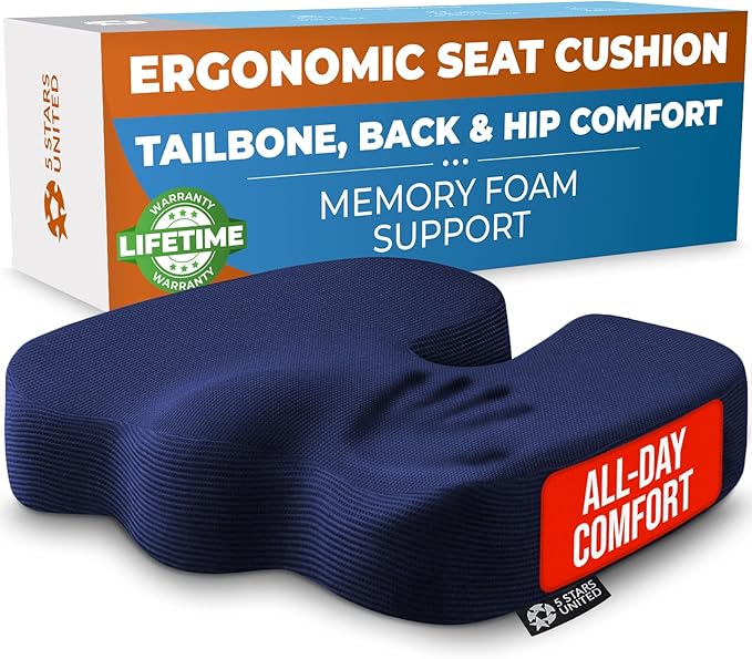 5 STARS UNITED Seat Cushion - Memory Foam Chair Cushion for Tailbone Pain Relief - Ergonomic Support for Coccyx, Sciatica & Butt - Office, Desk & Gaming Chair, Car Seat, Wheelchair, Airplane, Blue