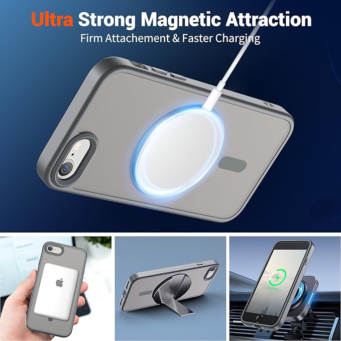 SUPFINE Magnetic for iPhone SE Case 2022 (3rd)/2020 (2nd), iPhone 8 Case with Screen Protector (Compatible with MagSafe) (Military Grade Drop Protection) Translucent Matte Phone Case,Gray