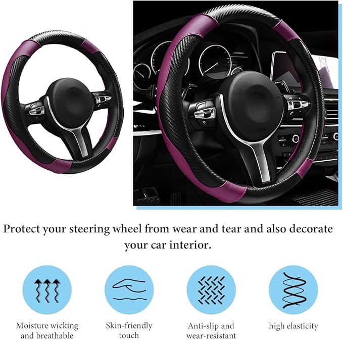 Car Steering Wheel Cover, 15 Inch Anti-Slip Stretch Leather Steering Wheel Protector, Comfortable Breathable Sporty Steering Wheel Cover for Women Men, Car Accessories (Black & Purple)