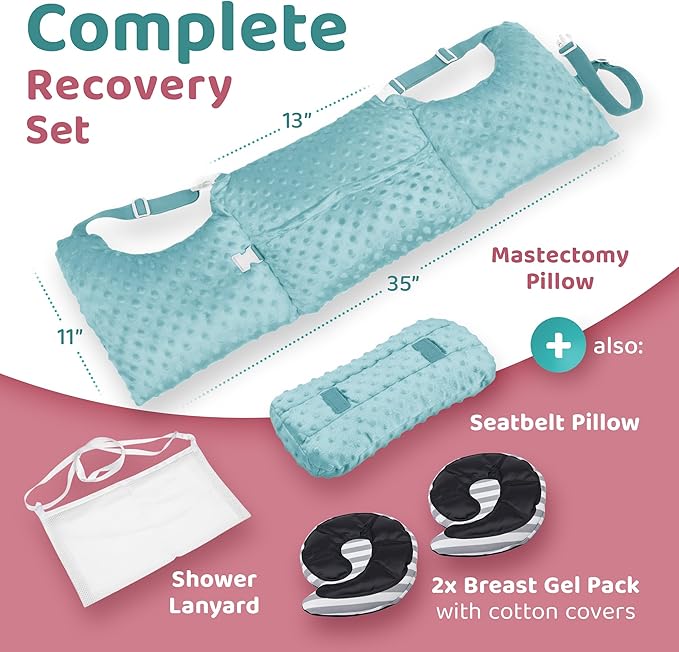 Zomaple Mastectomy Recovery Pillow with Strap, Swirly Gel Pack, Seat Belt Cover & Shower Lan – Post Mastectomy Must Haves, Breast Augmentation/Reduction & Mastectomy Recovery Supplies – Washable Cover