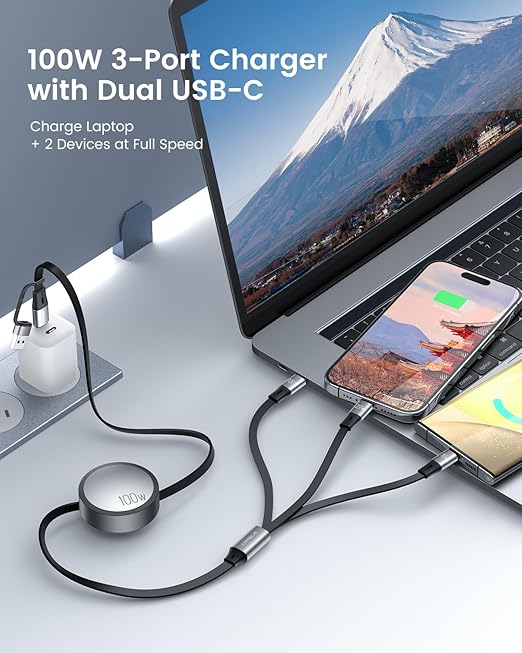 CAFELE Multi Charging Cable 100W Retractable USB C Cable, 6-in-1 Dual Type C and 27W L 5A Fast Charger Cord for Phone 16 15 14, Galaxy S24 S23, MBook, Pad and Multiple Devices (4.3ft)