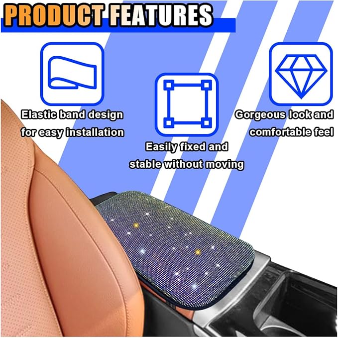 11.9''×8.4'' Bling Car Center Console Cover, Crystal Diamond Elbow Pillow Car Armrest Seat Box Cover, Soft Arm Rest Protective Cushion Pad for Women Girls, Auto Interior Decor for Car SUV (Multicolor)