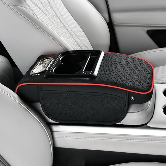 2026 Enhanced Car Center Console Armrest Cushion with USB& Type-C Charging, PU Leather Console Pad with Cup Holders, Storage& Tissue Outlet for Most Vehicles (Sloped Version, Black-Red line)