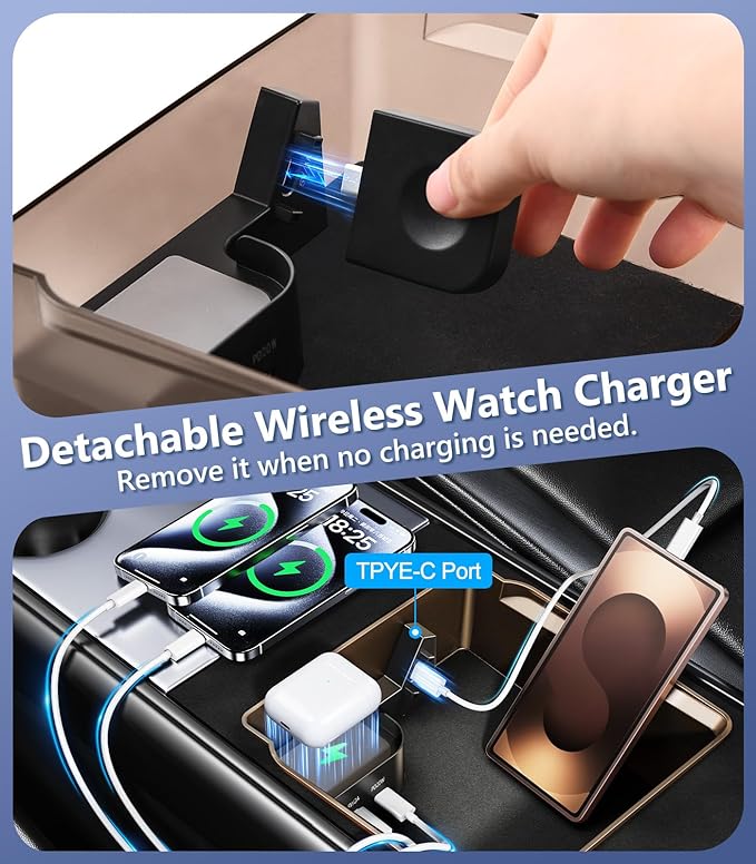 Tesla USB Hub Charger & Center Console Organize for Model 3 Highland 2024-2025 & New Model Y Juniper, 4-Port Docking Station for Phone/Headphones/Watch/Tablet Charging Storage Accessories