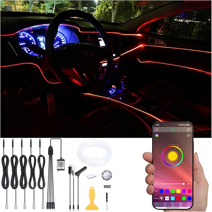Car Ambient Lighting Kit 64 Colors Multicoloured Music Optic Fiber APP Control Car DIY Decorative Atmosphere Lighting DC 12V 1W 6m