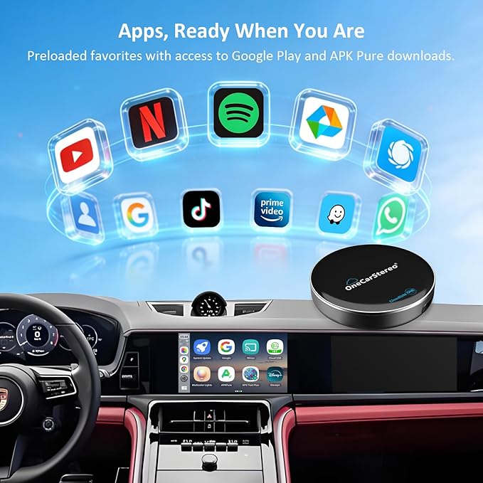 OneCarStereo Cloud Magic AI Box Android 13 CarPlay Adapter with Qualcomm 8 Core, Wireless CarPlay & Android Auto, Built-in Cloud SIM 4G LTE, YouTube & Netflix Streaming for Factory Wired CarPlay Cars