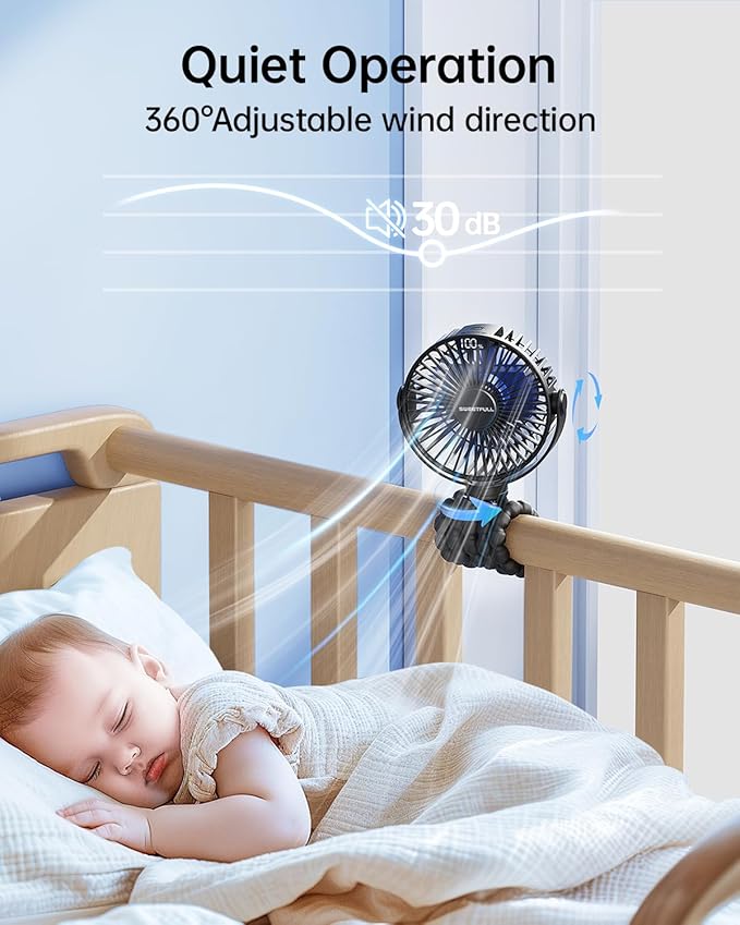 SWEETFULL Portable Stroller Fan with LED Display, 4 Speed Rechargeable Mini Clip On Fan, 360° Rotate Flexible Tripod Better Cooling Small Baby Fan for Car Seat Crib Travel Bike Treadmill (Black)