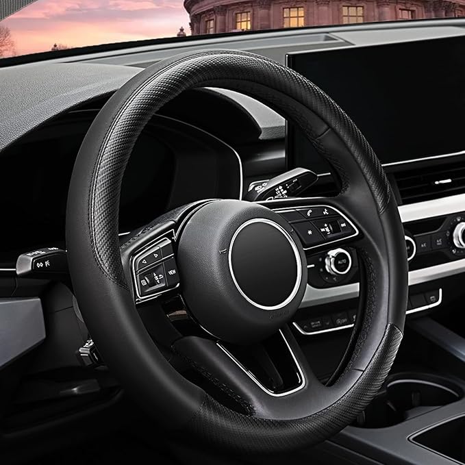 Car Steering Wheel Cover, Soft Microfiber Leather, Universal Fit 15 Inch, Breathable Anti-Slip for Cars, SUVs, Vehicles, Sedans, Trucks, Vans (Black)