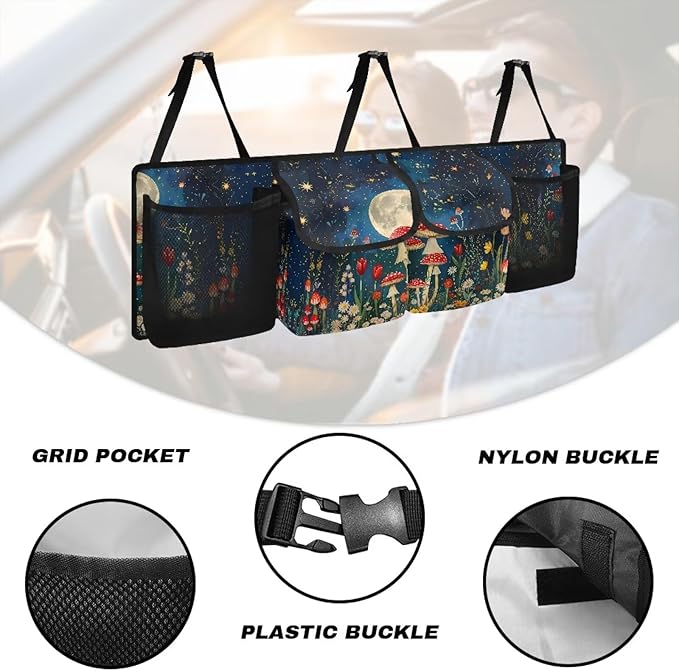 Floral Moon Mushroo Trunk Organizer For Car, Suv, Truck Adjustable Multi Pocket Collapsible Car Trunk Organizer Backseat Cargo Storage Bag With Securing Straps