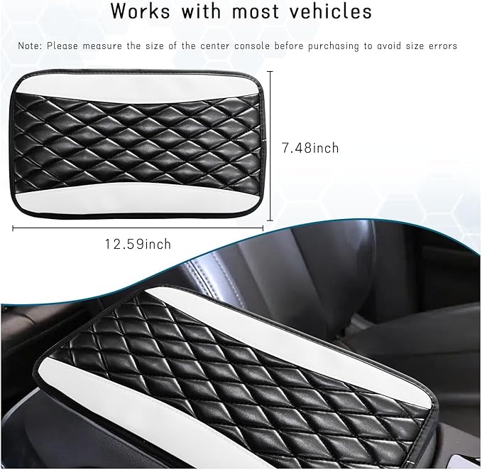 Car Center Console Cushion Pad, Universal Leather Waterproof Armrest Seat Box Cover, Comfortable Auto Armrest Cover Protector, Car Interior Decor Accessories for Most Vehicles (Black & White)