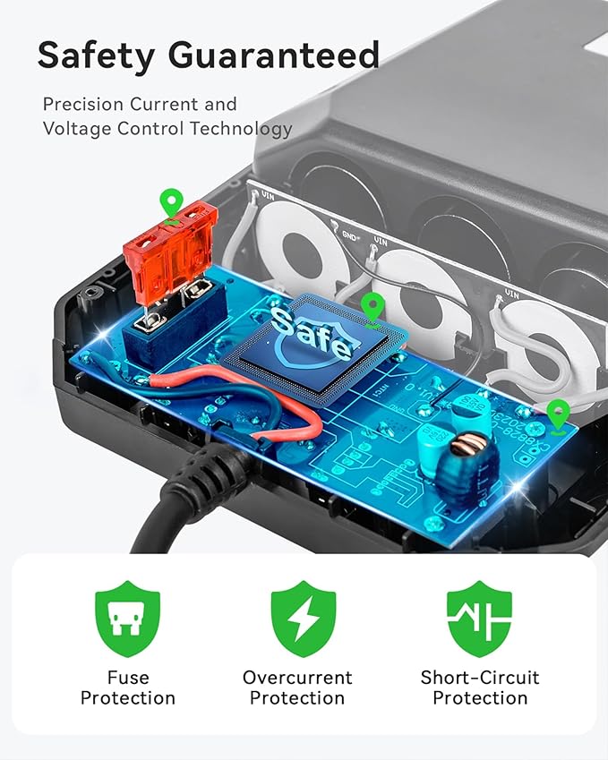 Anyongora 7-in-1 Cigarette Lighter Splitter, 120W Car Charger Adapter with 3 Sockets & Independent Switches, 4 USB Ports (USB-A/USB-C), LED Voltage Display, UL Certified, Built-in Fuse + Spare Fuse