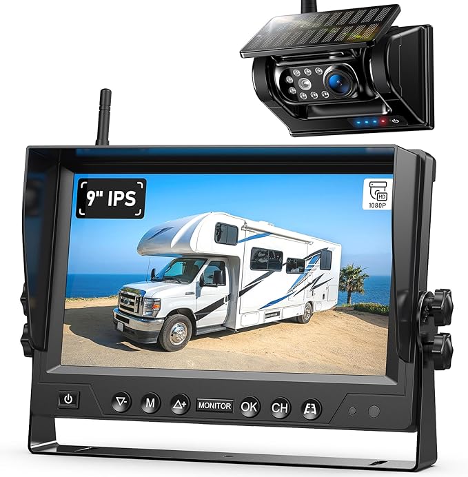 ZEROXCLUB 9 Inch Magnetic Solar Wireless Backup Camera System, 9600mAh Solar Rechargeable RV Backup Camera Wireless with HD1080P 9" Loop Recording Monitor for Trailer RV Trucks, BL901