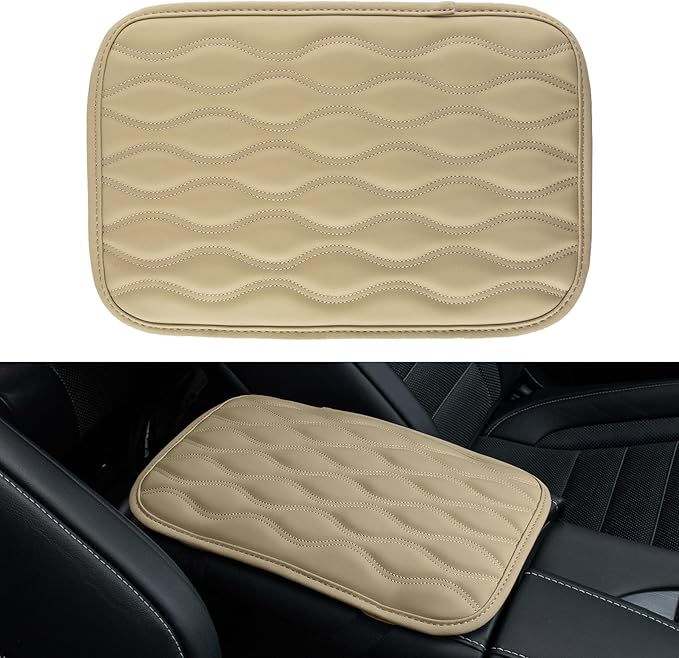 Amiss Auto Center Console Pad, Universal Waterproof Car Armrest Seat Box Cover, Leather Auto Armrest Cover Protector for Most Vehicles, SUV, Truck, Car (Beige)