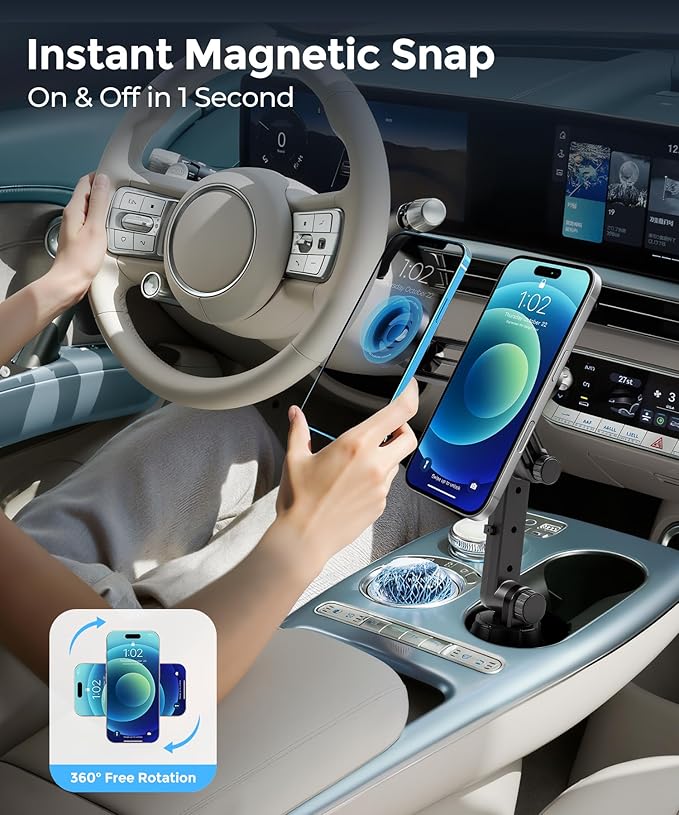 Dual Car Cup Phone Holder - Holds 2 Phones Simultaneously, 1-Second Grab & Release, 360° Rotatable, car Phone Mount Compatible with MagSafe，Fits iPhone/Samsung & 4.0-7.0 Inch Smartphones