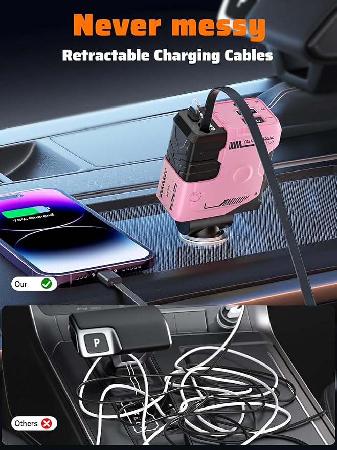 Retractable Car Charger with Retractable Cable (31.5 inch), 4 in 1 Super Fast Car Phone Charger, 2 USB Ports Adapter, Compatible with iPhone 15 14 13 12 11 Pro Max, iPad, Pixel
