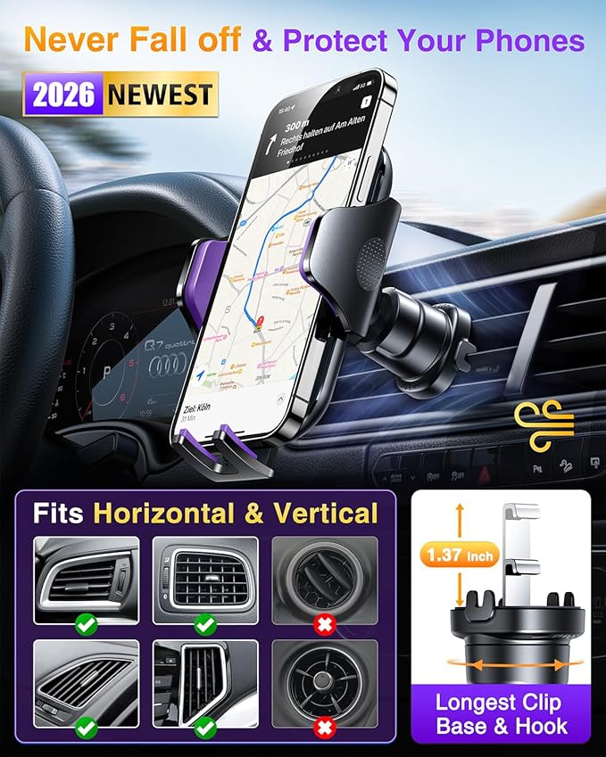 VANMASS Phone Holders for Your Car Ultimate Military-Grade Car Phone Holder Mount【Patent & Safety Certs】 Upgraded Shockproof Truck Air Vent Phone Mount for iPhone 17 Pro Max 16 Samsung Android,Purple