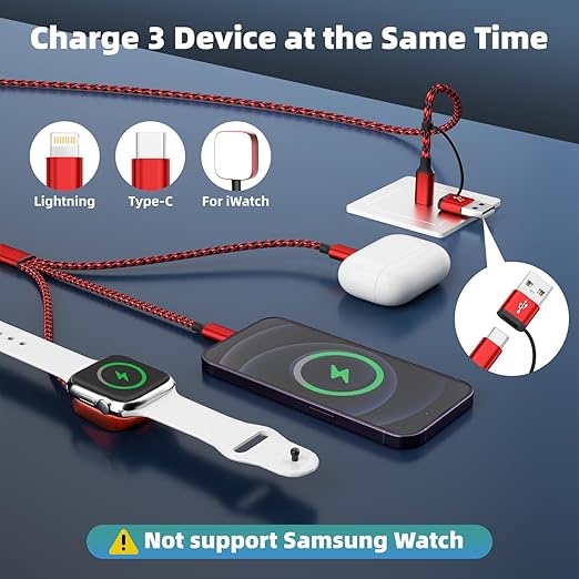 Travel Essentials 3in2 Multi Charging Cable for iPhone Watch Charger,USB A/C to Type C/IP/iWatch Charger,Travel Chargers for Multiple Devices Compatible with iWatch Series&iPhone 16-12 5FT